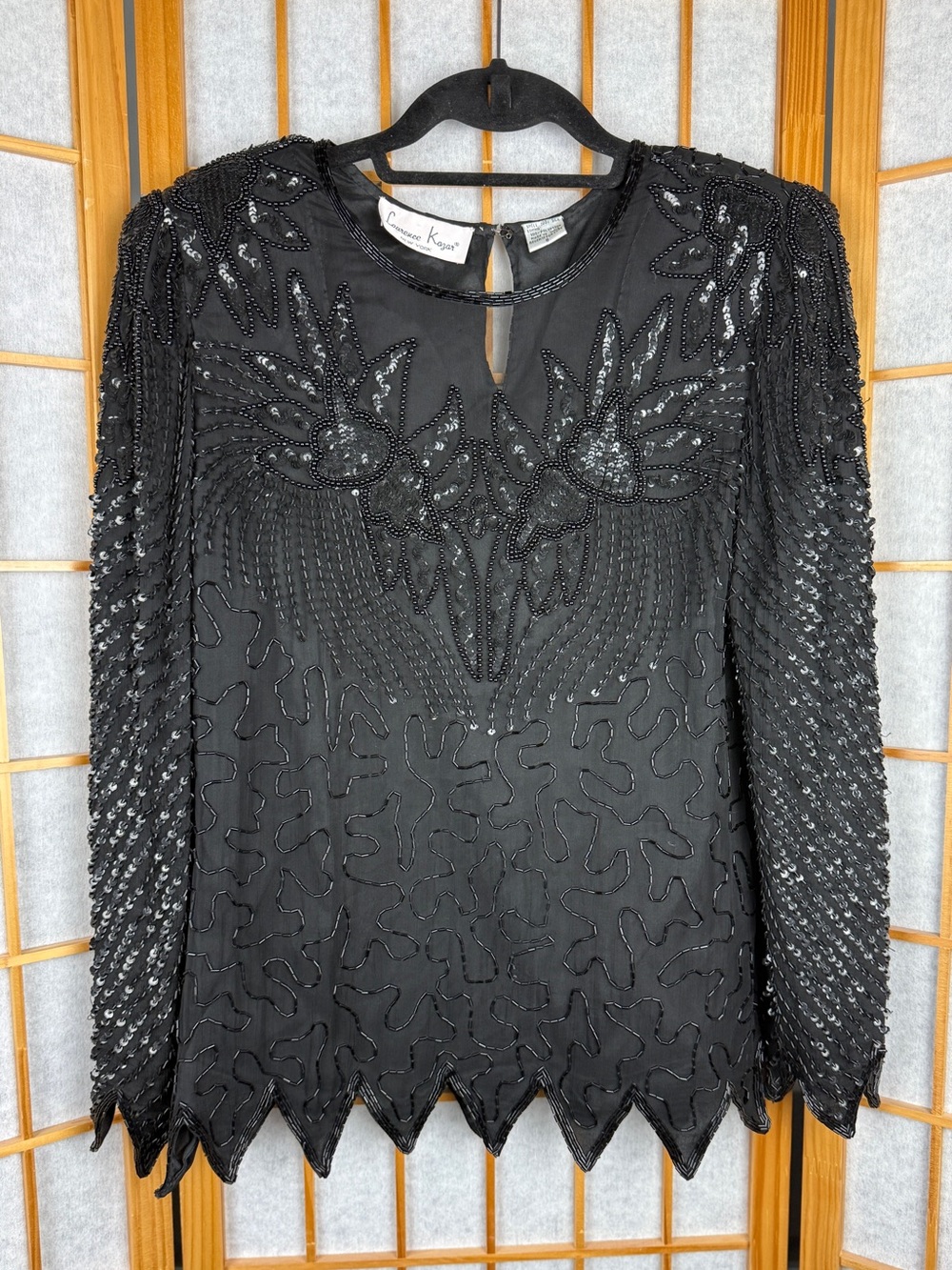 Vintage Laurence Kazar 100% Silk Beaded Sequin Blouse Black Gothic Top Size S